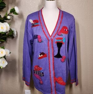 Vintage Storybook Knits Purple Novelty Cardigan Hat Tea Party Sweater Women L